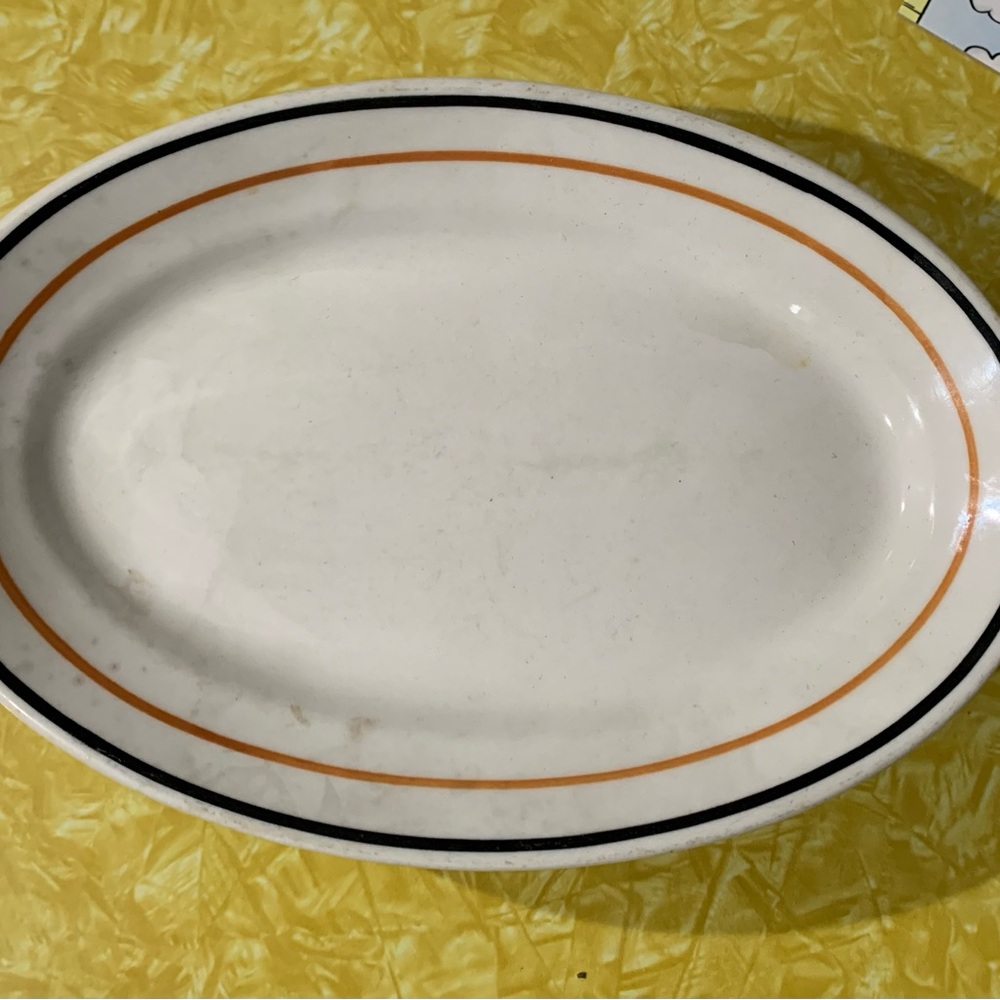 5 Wallace China small Oval Serving Platters with Black and Orange Trim